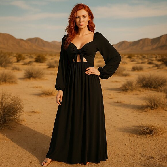 Black Cut-Out Long Sleeve Maxi Gown with Tie Front - Picture 1 of 4